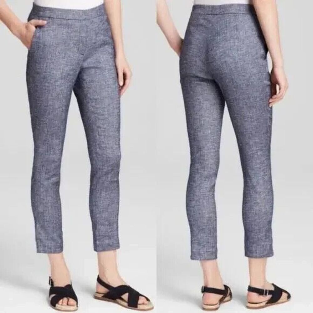 Theory Women's Thaniel Tierra Wash Linen Blend Ankle Trousers Blue Elastic Sz 10